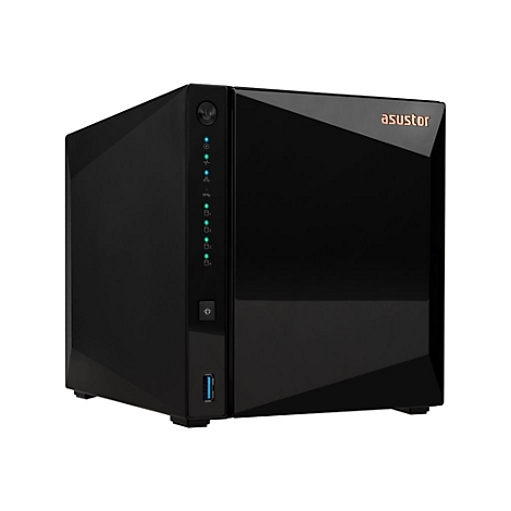 Schwarzes Asustor NAS-Gehäuse mit glänzender Front, blauem USB-Anschluss und grünen Status-LEDs auf weißem Grund.