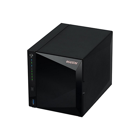 Schwarzer Asustor NAS-Server, würfelförmig, mit leuchtenden grünen LEDs auf der Vorderseite vor weißem Hintergrund.