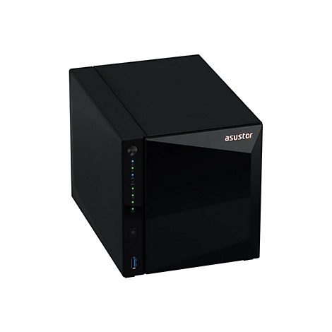 Schwarzes, würfelförmiges Asustor NAS-Gerät vor weißem Hintergrund mit leuchtenden LED-Anzeigen und USB-Port.