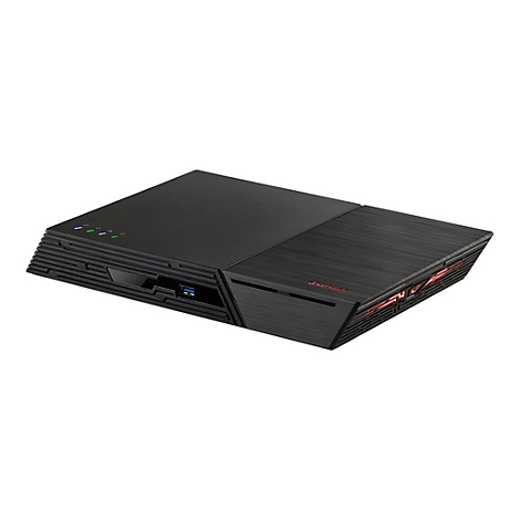 Schwarzer, flacher Asustor NAS-Server im modernen Design auf weißem Hintergrund.