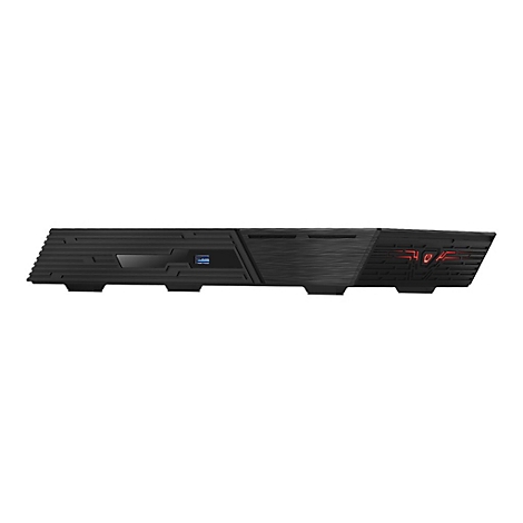 Schwarzes, flaches Gaming-Gehäuse in Trapezform mit USB-Port und roter Power-Leuchtanzeige.