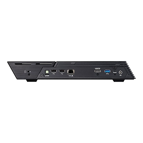 Rückseite eines schwarzen elektronischen Geräts mit verschiedenen Anschlüssen wie USB, HDMI und einem 10G-Netzwerkport.
