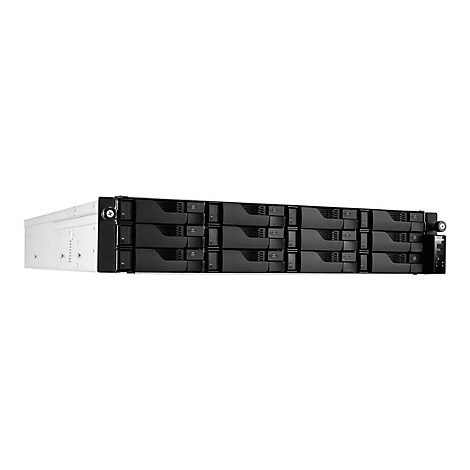 Rack-Server-Gehäuse mit zwölf Festplatteneinschüben vor weißem Hintergrund.