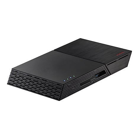 Schwarzes Asustor NAS-Gehäuse mit gerippten Seiten, leuchtenden LED-Statusanzeigen und USB-Port.