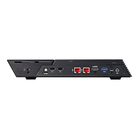 Schwarzes Gerät mit verschiedenen Anschlüssen, darunter HDMI, USB und Ethernet, auf weißem Hintergrund.