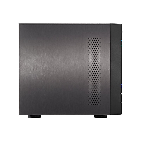 Seitenansicht eines schwarzen PC-Gehäuses. Auf einer Seite befindet sich ein Lochmuster, auf der anderen LED-Leuchten.