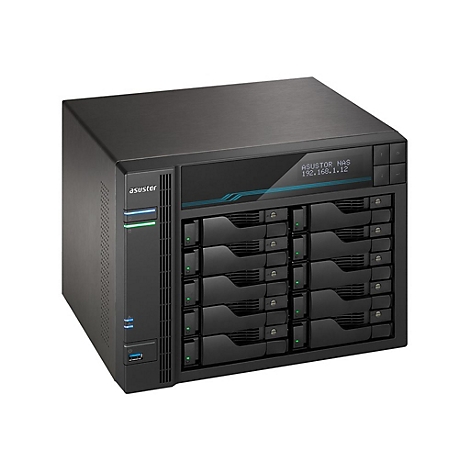 Schwarzes Asustor NAS-Gehäuse mit 10 Festplatteneinschüben und LCD-Display auf weißem Hintergrund.