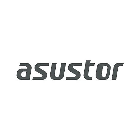 Das graue Logo des Unternehmens Asustor in einer serifenlosen Schriftart auf weißem Hintergrund.