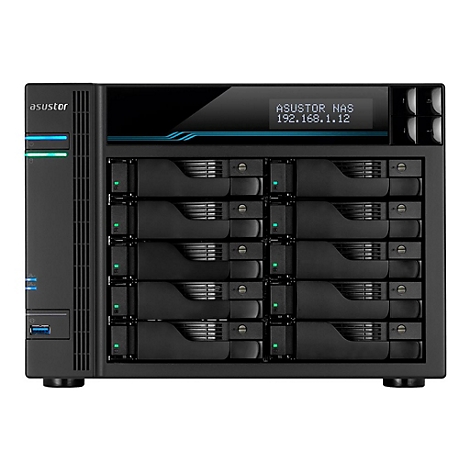 Schwarzes NAS-System mit dem Aufdruck „ASUSTOR NAS 192.168.1.12“ und Leuchtdioden.