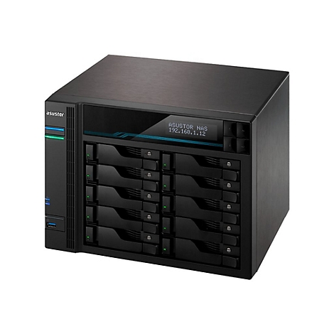 Schwarzer NAS-Server mit Laufwerksschächten. Auf einem Display steht: ASUSTOR NAS 192.168.1.12