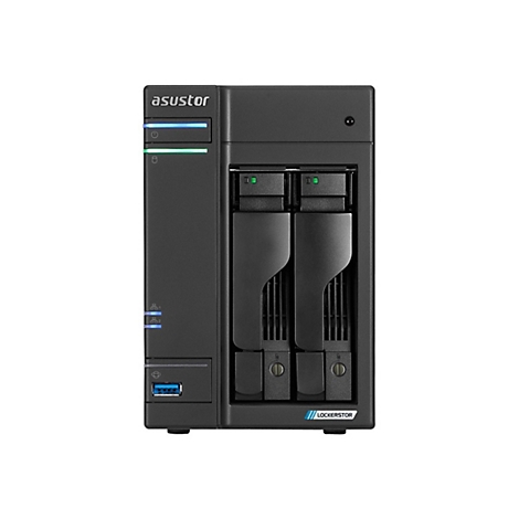 Schwarzer Asustor NAS-Server mit zwei Laufwerksschächten vor weißem Hintergrund.