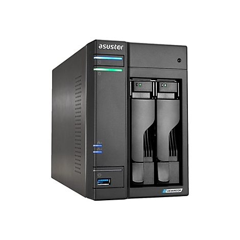 Schwarzes NAS-Gerät, Asustor Lockerstor, mit blauen und grünen LEDs und USB-Anschluss.