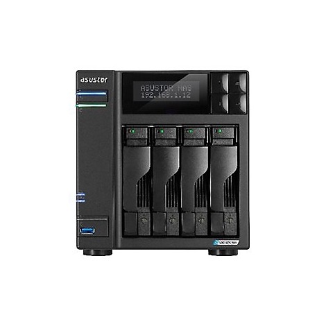Schwarzer Asustor NAS-Server mit vier Festplatteneinschüben, LCD-Display und leuchtenden LEDs auf weißem Grund.
