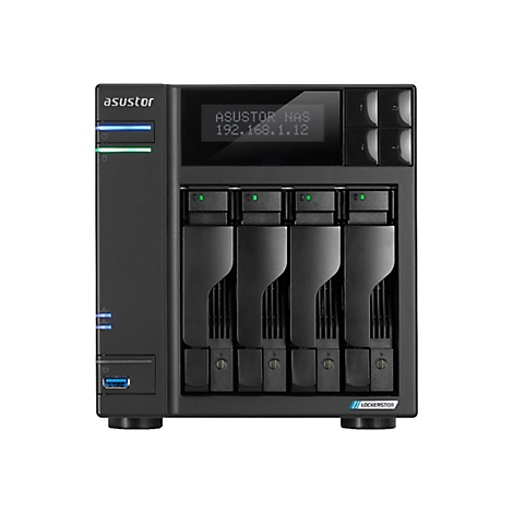 Schwarzes Asustor NAS-Gehäuse mit vier Laufwerksschächten, LCD-Display und leuchtenden Status-LEDs.