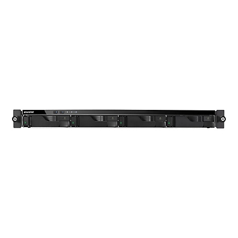 Schwarzes NAS-System von Asustor mit sechs Festplatten-Einschüben, im Rack-Format.