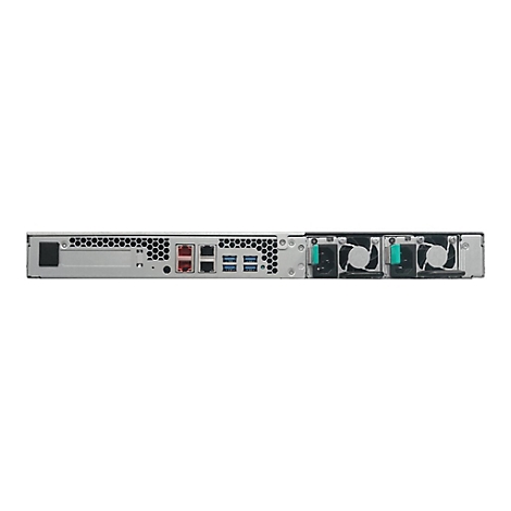 Rückseite eines silberfarbenen Servers mit Anschlüssen und Lüftern.