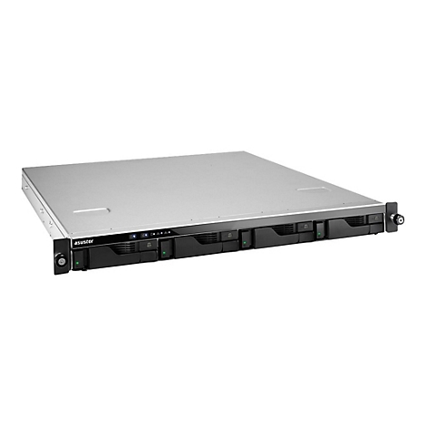 Ein silberner Asustor NAS-Server auf weißem Hintergrund, mit mehreren Einschüben und Bedienfeld.