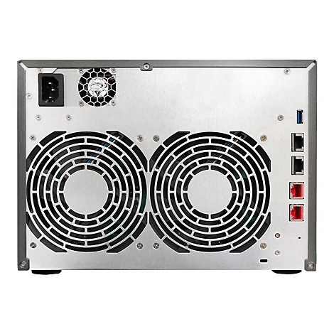 Rückseite eines NAS-Servers mit Lüftern, Anschlüssen und Stromanschluss.