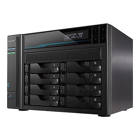 Ein schwarzes NAS-System mit Laufwerkschächten, 'ASUSTOR NAS' Anzeige.