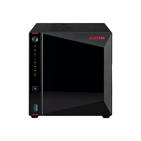 Schwarzer Asustor NAS-Server mit glänzender Front, LED-Statusleuchten und USB-Anschluss vor weißem Hintergrund.