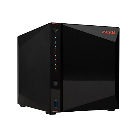 Schwarzer NAS-Server mit rotem Schriftzug "asustor" und Bedienfeld mit LEDs.