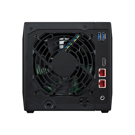 Schwarzes NAS-Gerät mit Lüfter, Anschlüssen und Schrauben. Rückansicht mit Anschlüssen für USB, HDMI und Ethernet.