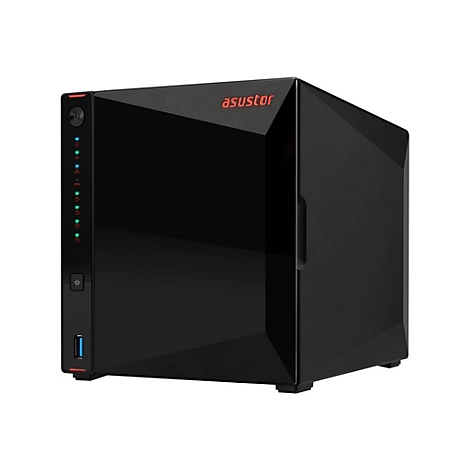 Schwarzer NAS-Server von Asustor mit blauen und grünen LED-Anzeigen.