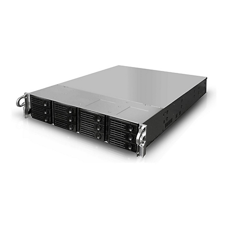 Ein silberner Asustor Rackmount-Server mit zwölf Festplatteneinschüben vor weißem Hintergrund.