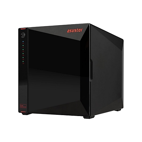 Schwarzer, quaderförmiger Asustor NAS-Speicherserver mit glänzender Front und Status-LEDs.