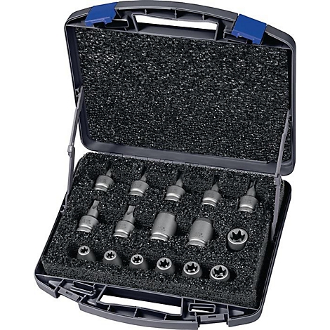 Mallette à outils avec douilles Torx dans un insert en mousse. Ouverte, boîte noire, douilles de couleur métal.