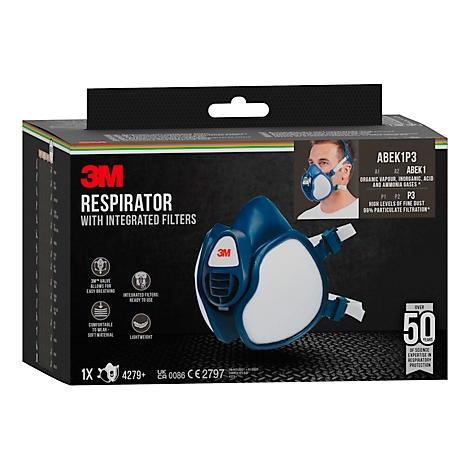 Eine 3M Atemschutzmaske in einer blauen und weissen Box, mit Produktinformationen und einem Bild des Produkts.
