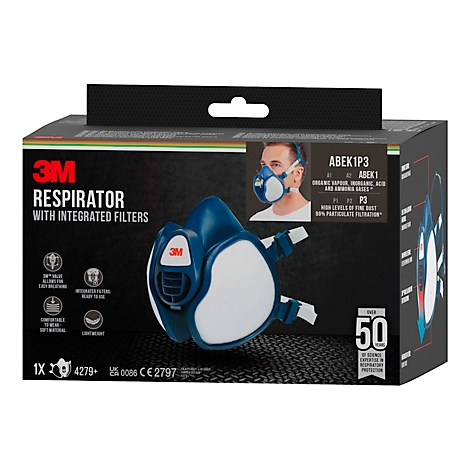 Atemschutzmaske 3M auf Verpackung, Produktabbildung. Blau-weisses Design, Markenlogo, Produktinformationen.