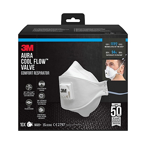 Schwarze Verpackung mit einer weißen Atemschutzmaske. Auf der Verpackung sind Produktinformationen und das 3M-Logo abgebildet.