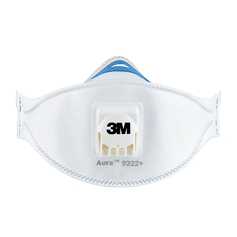 Weiße 3M Aura Cool Flow Atemschutzmaske in Verpackung. Aufgedruckter Text, wie FFP2, 94% Partikelfiltration.