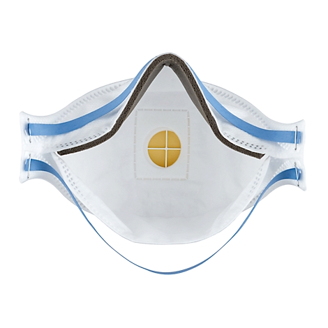 Weiße Atemschutzmaske mit blauen Bändern und einem Ventil. 3M-Logo sichtbar.