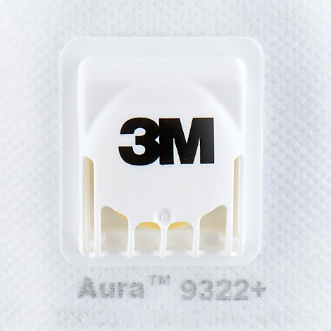 Weiße Atemschutzmaske der Marke 3M, Modell Aura 9322+.