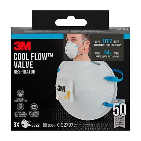 Die Verpackung für eine 3M Cool Flow Atemschutzmaske zeigt die Maske und einen Mann, der sie trägt. Text zeigt Angaben zu Schutzklassen.