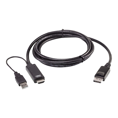 Schwarzes HDMI-auf-DisplayPort-Adapterkabel mit USB-Stromversorgung, aufgerollt auf weißem Hintergrund.