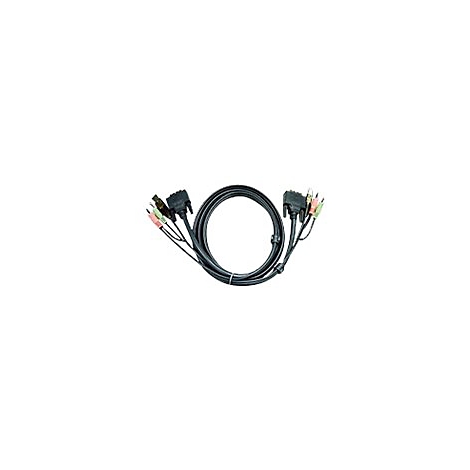 KVM-Kabel mit VGA-Anschluss und Audio-Steckern an beiden Enden, kreisförmig angeordnet vor weißem Hintergrund.