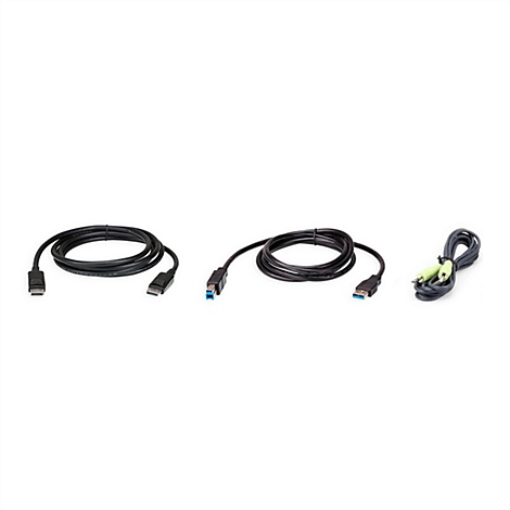 Drei verschiedene schwarze Verbindungskabel vor weißem Hintergrund: DisplayPort, USB-B und ein Audiokabel.