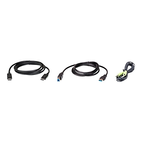 Drei schwarze Computerkabel: ein DisplayPort-Kabel, ein USB-B-auf-A-Kabel und ein Audiokabel mit grünen Klinkensteckern.