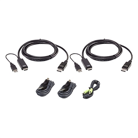 Zwei HDMI-zu-DisplayPort-Adapterkabel und drei weitere USB- sowie Audiokabel vor weißem Hintergrund.