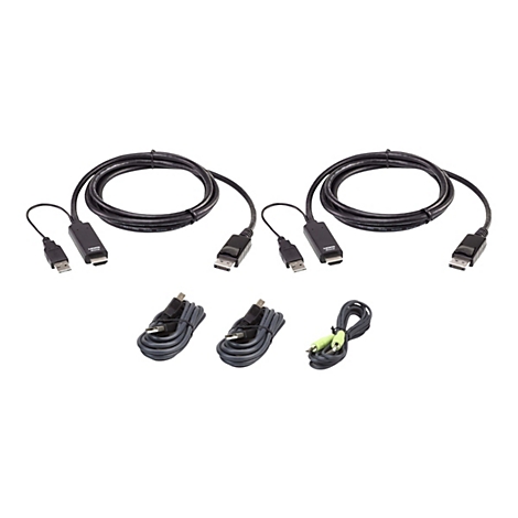 Zwei HDMI-auf-DisplayPort-Adapterkabel und drei zusätzliche Verbindungskabel auf weißem Hintergrund.
