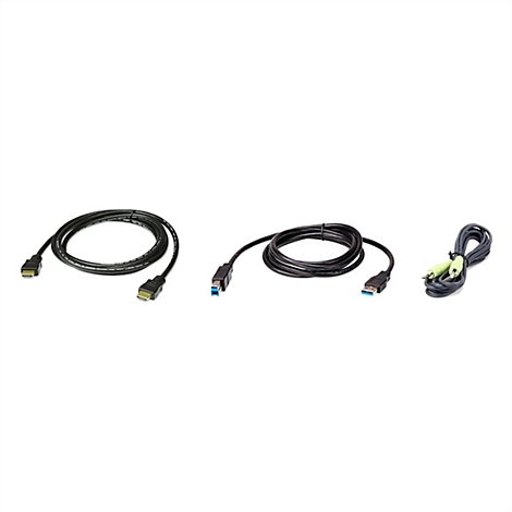 Drei schwarze Computerkabel: ein HDMI-Kabel, ein USB-B-Kabel und ein kurzes Audiokabel auf weißem Hintergrund.