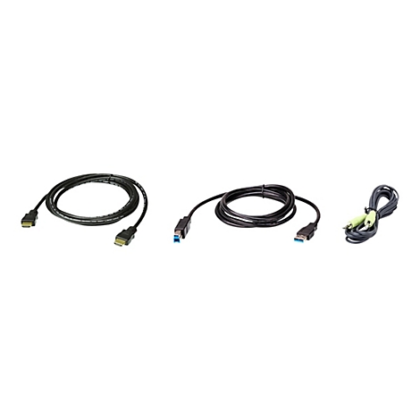Drei verschiedene schwarze Verbindungskabel: HDMI, USB-B zu USB-A und ein Audio-Klinkenkabel vor weißem Hintergrund.
