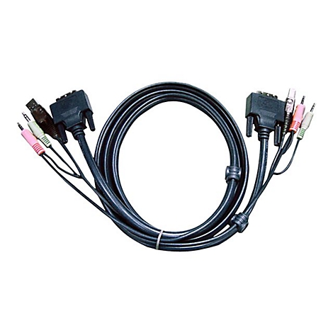 Schwarzes KVM-Kabel mit VGA-, USB- und Audio-Anschlüssen vor weißem Hintergrund.
