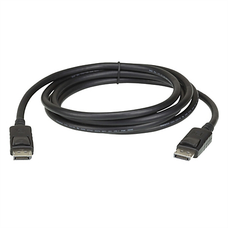 Ein aufgerolltes, schwarzes DisplayPort-Kabel mit Steckern an beiden Enden vor weißem Hintergrund.