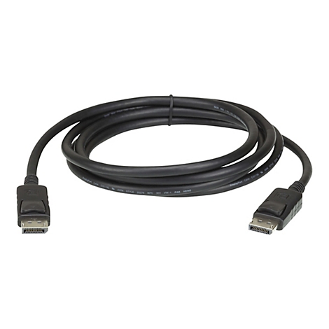 Ein aufgerolltes, schwarzes DisplayPort-Kabel auf weißem Hintergrund.