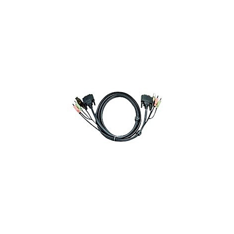 Schwarzes KVM-Kabel mit VGA-Stecker und farbigen 3,5-mm-Klinkensteckern an beiden Enden auf weißem Hintergrund.