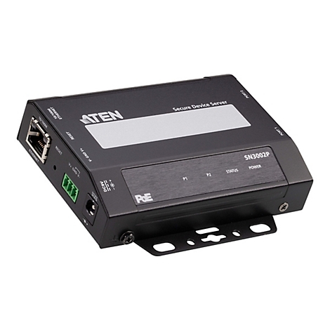 Schwarzer ATEN Secure Device Server. Der Server hat Ethernet-Anschlüsse, Power-Anschlüsse und die Aufschrift SN3002P.